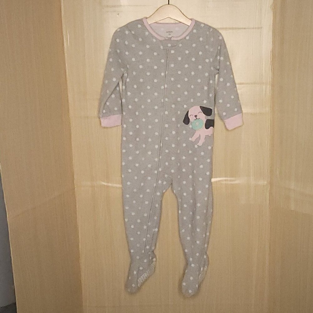 Carter's Toddler Girls Grey Polka-dot Puppy Fleece Footie Pajamas 2T